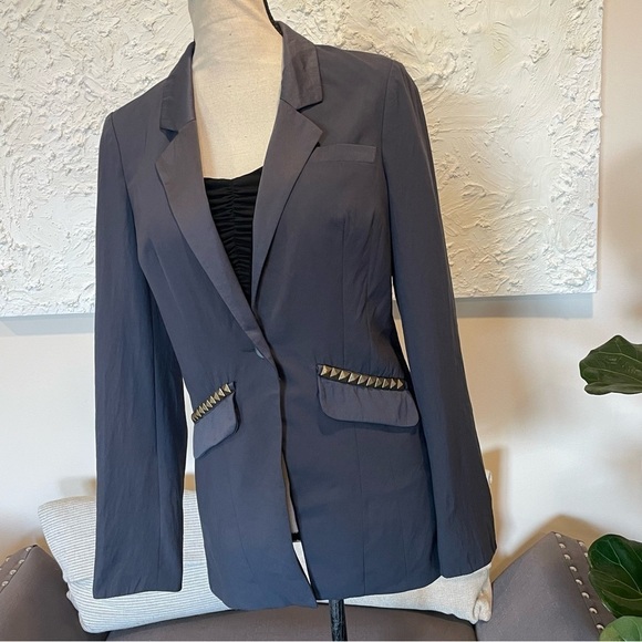 FREE PEOPLE Womens Gray Gold Studded Pocket Blazer Coat Size 4 - Picture 2 of 9